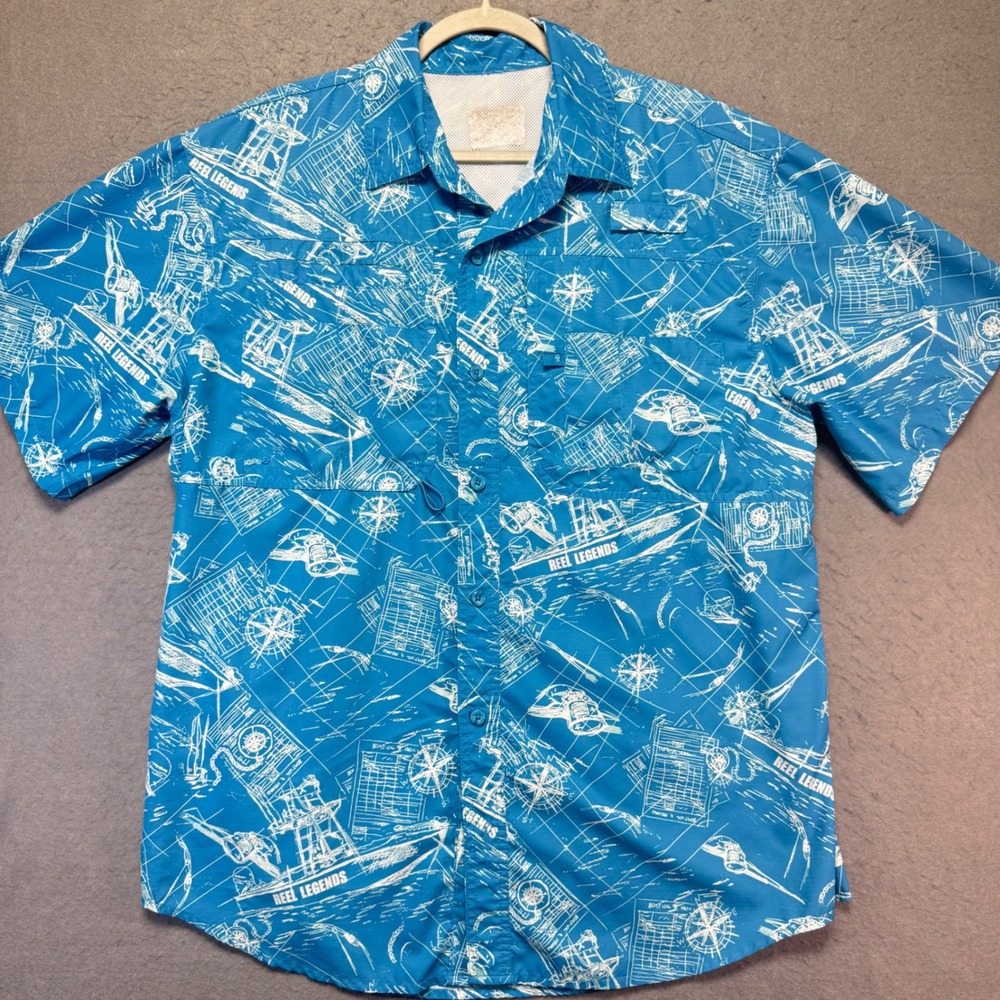 Reel Legends Mens Medium Blue Nautical‎ Map Short Sleeve Button Up Shirt Fishing